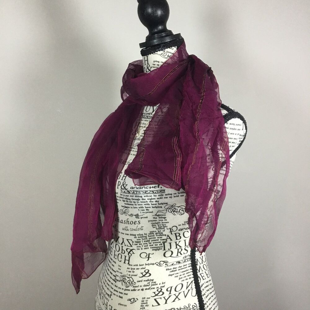 Mark Rozier 90% silk sheer scarf dark pink gold stripe made in France 61” x 22”
